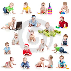 Set of crawling babies or toddlers with toys photo