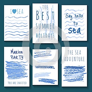 Set of crayon hand drawn creative marine cards.