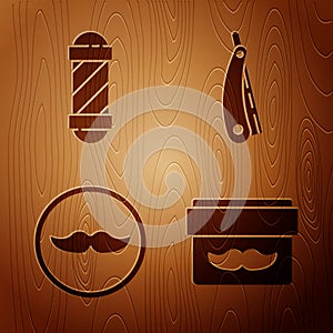 Set Cream or lotion cosmetic jar, Classic Barber shop pole, Mustache and Straight razor on wooden background. Vector