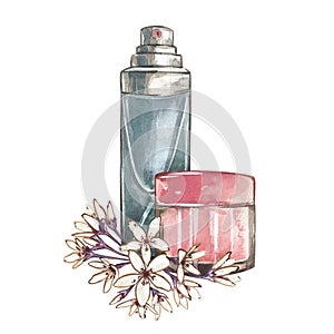 Set cream skin care with abstract flowers isolated on white background. Watercolor handrawn illustration. Art for design