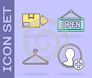 Set Create account screen, Carton cardboard box, Hanger wardrobe and Hanging sign with Open icon. Vector