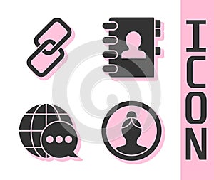 Set Create account screen, Chain link, World map made from speech bubble and Address book icon. Vector