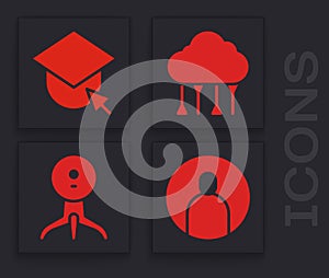 Set Create account screen, Graduation cap on globe, Network cloud connection and Web camera icon. Vector