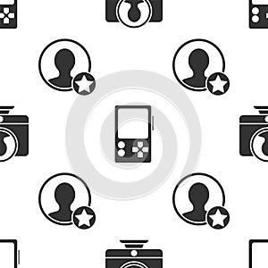 Set Create account screen, Portable video game console and Premium create account screen on seamless pattern. Vector