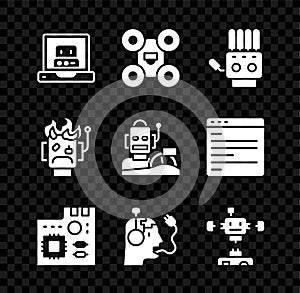 Set Creating robot, Drone, Mechanical hand, Motherboard digital chip, Robot charging battery, Disassembled, burned out