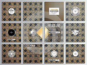 Set of 12 creative cards, square brochure template design. Islamic gold pattern with overlapping geometric shapes