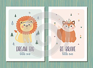 Set of creative cards templates with tribal cartoon animals