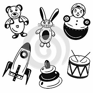 Set of creative cartoon contour child toys icons. Idea for decors, school holidays, childhood themes. Vector isolated artworks.