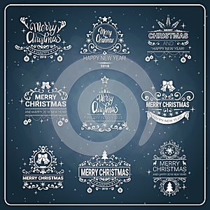 Set Of Creative Christmas And New Year 2018 Icon On Chalkboard Background Holiday Logos Collection