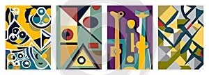 Set of creative geometric cards. Abstract geometry grid patterns