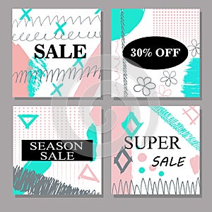 Set of creative hand drawn Sale, discount headers, banners, cards, vouchers. Design for seasonal clearance.