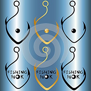 Set of creative logos fish hook in the shape of a fish with and without inscription