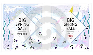 Set of creative Social Media spring Sale headers or banners with discount offer. Design for seasonal clearance. It can