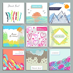 Set of creative square invitation, congratulatory, gratifying cards