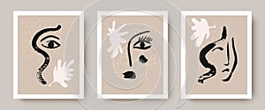 A set of creative templates in a fashionable style with a portrait drawn with a brush, modern abstract forms.Design for