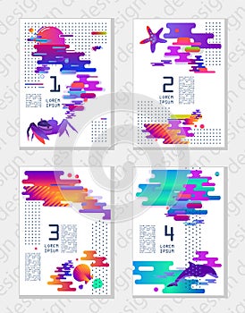 Set of creative universal abstract art posters in modern futuristic style with elements of marine fauna. Format A4, for printing,