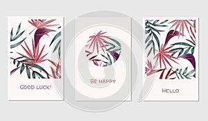 Set of creative universal floral cards in tropical style