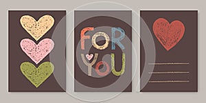 Set of Creative Vertical Cards or Banners with Handwritten Print For You, Hearts and Place for Text.