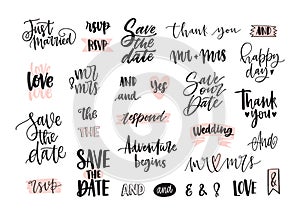 Set of creative wedding lettering or inscriptions written with decorative calligraphic font. Bundle of phrases, words