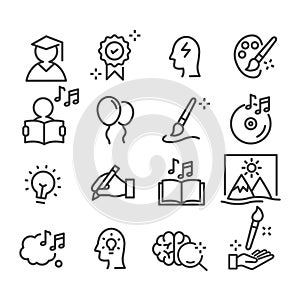 Set of creativity icons. Student studying art class concept isolated on white background