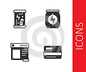 Set Credit card, Cryogenic capsules, Browser window and Energy drink icon. Vector
