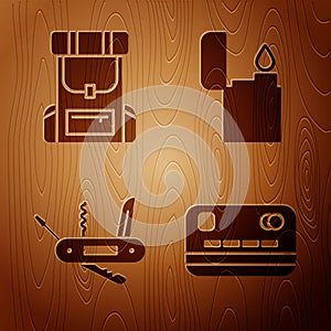 Set Credit card, Hiking backpack, Swiss army knife and Lighter on wooden background. Vector