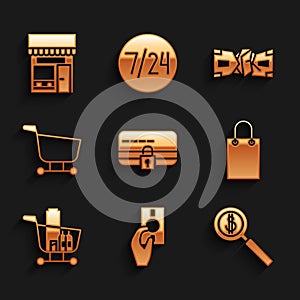 Set Credit card with lock, Hand holding money, Magnifying glass dollar, Paper shopping bag, Shopping cart food, Crumpled
