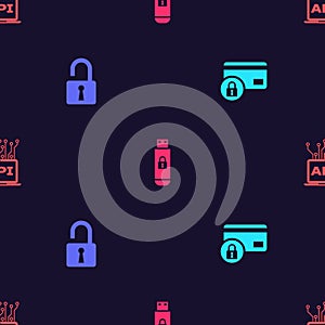 Set Credit card with lock, Open padlock, USB flash drive and Computer api interface on seamless pattern. Vector