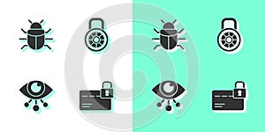 Set Credit card with lock, System bug, Eye scan and Safe combination icon. Vector