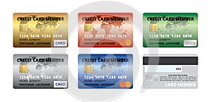 Set of credit card member front back design template gold silver red blue green, rainbow