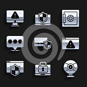 Set Credit card with shield, Laptop and lock, Security camera, Browser exclamation mark, Password protection, Safe and