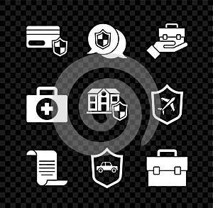 Set Credit card with shield, Location, Hand holding briefcase, Document, Car, Briefcase, First aid kit and House icon