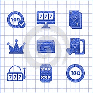 Set Credit card, Slot machine with lucky sevens jackpot, Casino chips, Playing clubs symbol, Crown, heart and icon