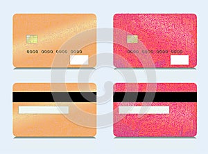 Set of credit cards on the front and rear. Design of plastic cards in red and gold tones.