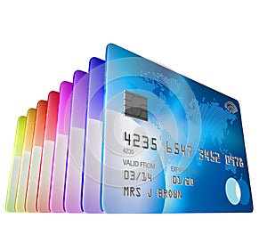 Set of credit cards standing viewed from low angle