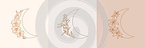 Set of Crescent moon of orchid and Lily flowers in trendy linear minimal style. Vector floral outline emblems