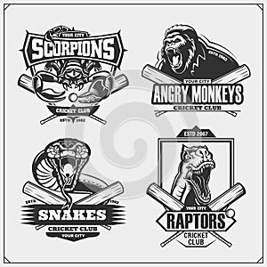 Set of cricket badges, labels and design elements. Sport club emblems with lion, cobra, raptor dinosaur and scorpion.