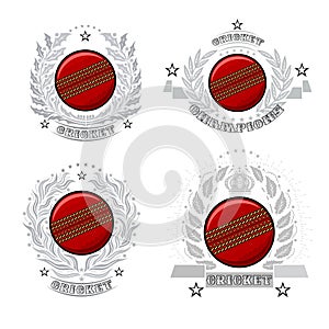 Set of cricket ball in center of silver wreathes. Sport logo for any team