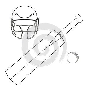 Set of cricket bat, ball and helmet. Black and white linear vector illustration for coloring book isolated on white background.