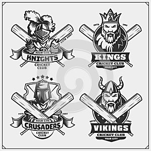 Set of cricket club labels, badges and design elements. Emblems with viking, king, knight and crusader.