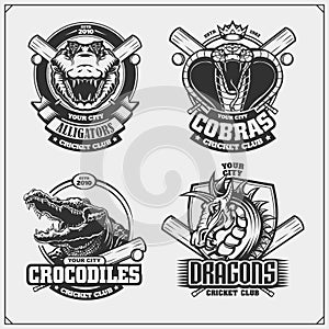 Set of cricket emblems, badges, logos and labels with cobra, crocodile and dragon.