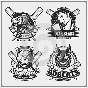 Set of cricket emblems, badges, logos and labels with tiger, panther and wildcat. Print design for t-shirt.