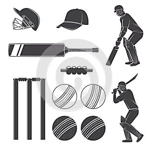 Set of cricket equipment silhouette icons. Vector. Set include bat, wicket, bail, helmet, ball and batsmans. Equipment