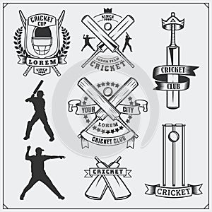 Set of cricket sports symbols, labels, logos and design elements. Cricket emblems and equipment elements.