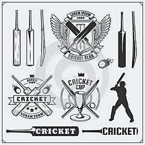 Set of cricket sports symbols, labels, logos and design elements. Cricket emblems and equipment elements.