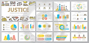 Set of crime, law, police and justice elements for multipurpose presentation template slides with graphs and charts