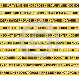 Set of Crime scene yellow tape, police line, danger, fire, Do Not Cross tape.