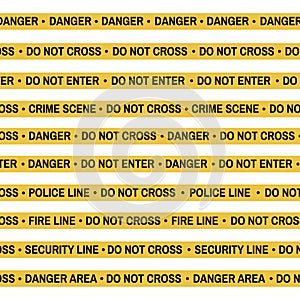 Set of Crime scene yellow tape, police line, danger, fire, Do Not Cross tape. Cartoon flat-style. Vector illustration