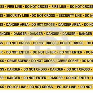 Set of Crime scene yellow tape, police line, danger, fire, Do Not Cross tape. Cartoon flat-style. Vector illustration