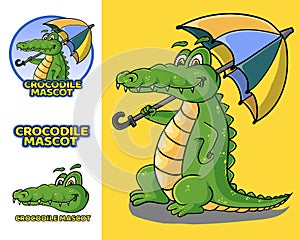 Set of crocodile mascot holding umbrella  modern design